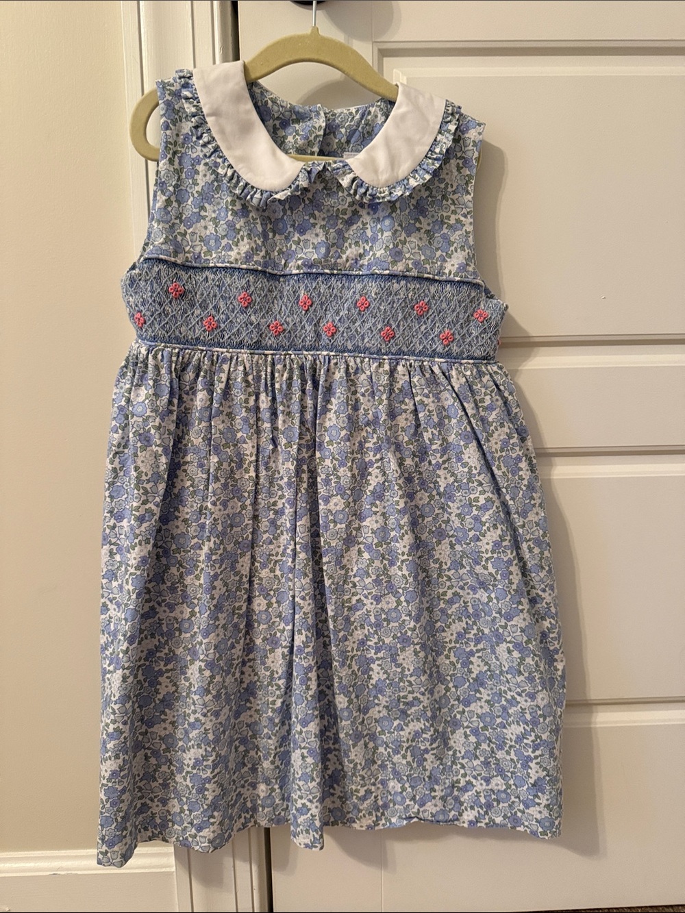 Blue Floral Smocked Peter Pan Collar Dress for Girls